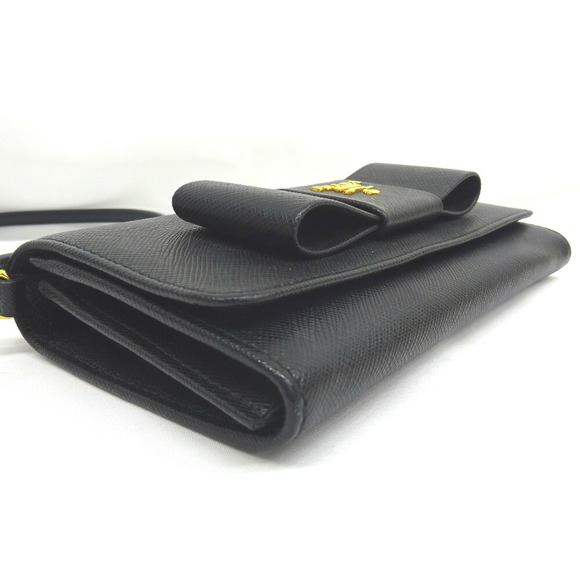 Prada Long Wallet Shoulder Pochette Saffiano Leather Ribbon Black - Picture 3 of 11